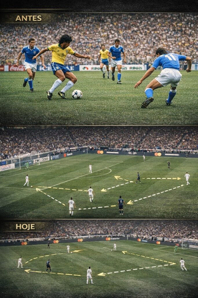 Imagem comparativa de futebol mostrando dois momentos: na parte superior, um jogador brasileiro driblando adversários em um jogo antigo; na parte inferior, uma formação mais moderna de jogadores em campo com setas indicando movimentos.
